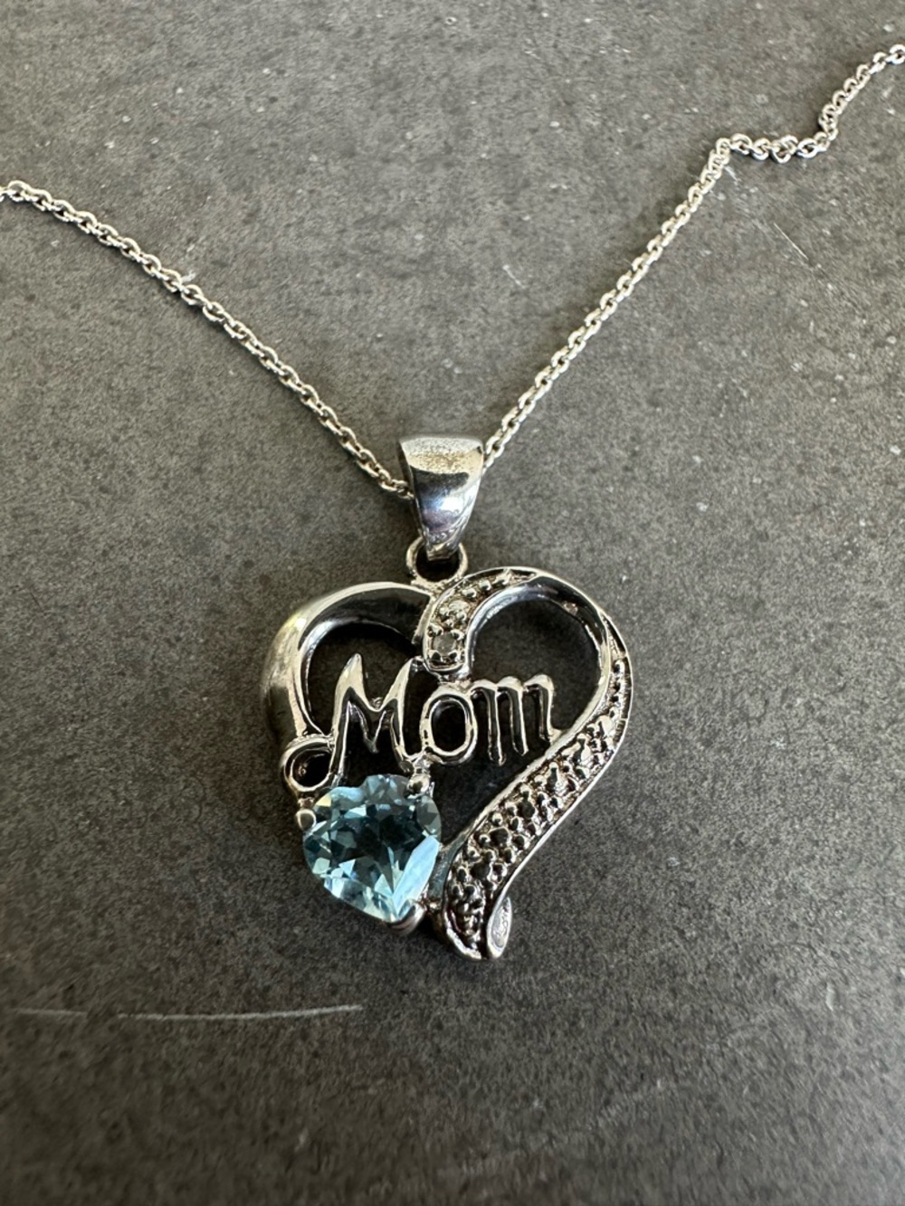 Vintage Sterling Silver 'Mom' Heart Pendant Necklace with Aquamarine Heart